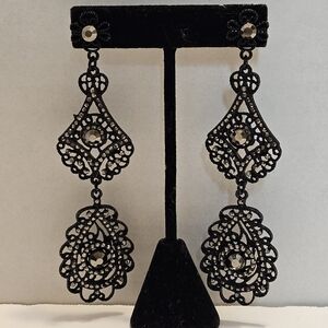 Black Filigree Earrings With Rhinestone Accents